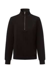 Zwarte sweatshirt met rits en hoge kraag, ribgebreide manchetten en een zachte textuur. Eenvoudig, minimalistisch ontwerp zonder patronen of versieringen.
