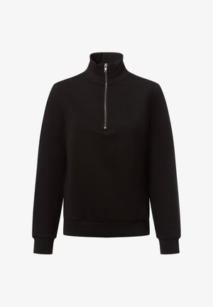 Zwarte sweatshirt met rits en hoge kraag, ribgebreide manchetten en een zachte textuur. Eenvoudig, minimalistisch ontwerp zonder patronen of versieringen.