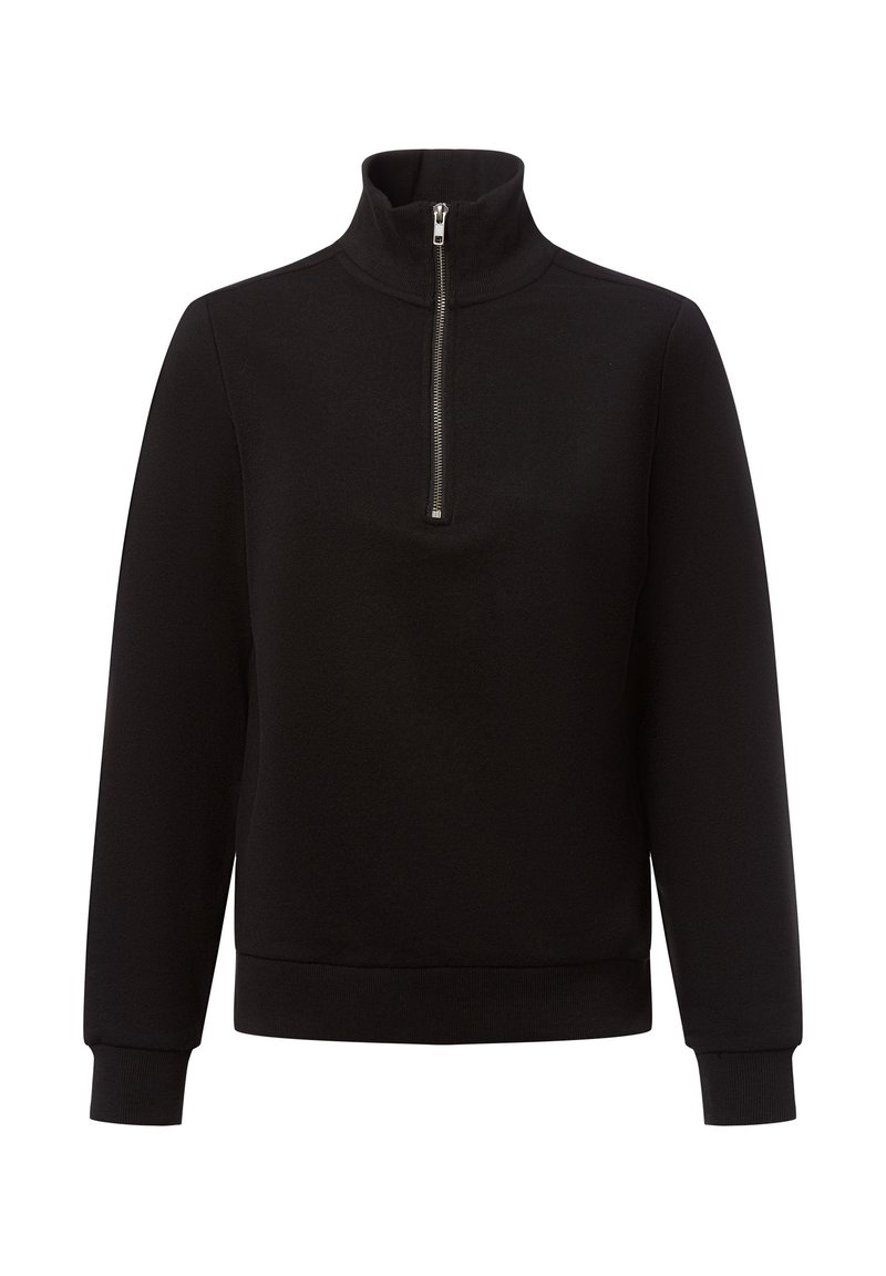 Zwarte sweatshirt met rits en hoge kraag, ribgebreide manchetten en een zachte textuur. Eenvoudig, minimalistisch ontwerp zonder patronen of versieringen.