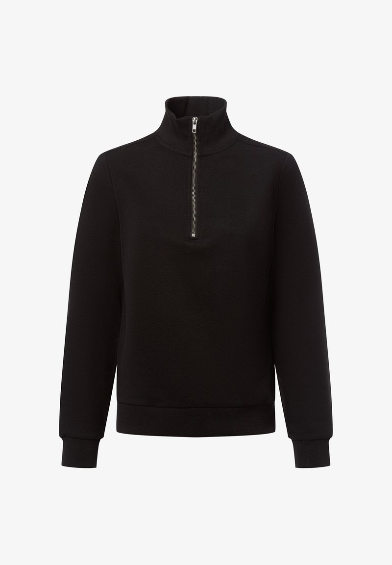 Sweat-shirt noir à col zippé, avec un col haut, des poignets côtelés et une texture douce. Design simple et minimaliste sans motifs ni embellissements.