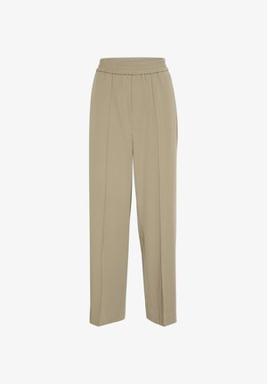 Beige maßgeschneiderte Hose mit einem elastischen Bund, ausgestattet mit Vorderfalten, geraden Beinen und einer glatten Textur.