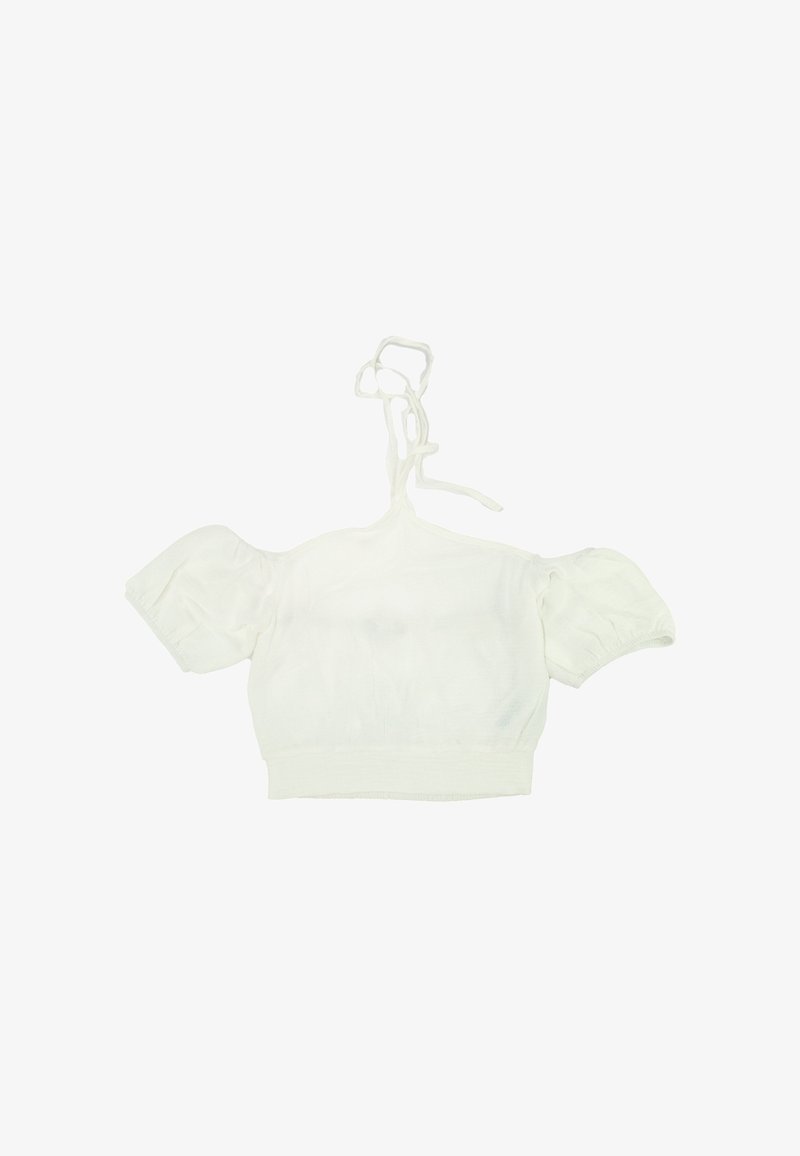Weißes, kurzes Oberteil mit Puffärmeln, fittedem Taillenbund und einem einzigartigen gebundenen Kragen-Detail. Hergestellt aus leichtem, durchscheinendem Stoff.
