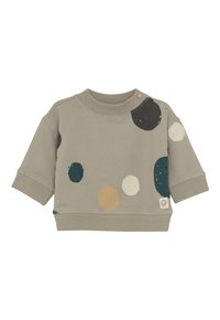 Beige Kleinkind-Sweatshirt mit geripptem Kragen und Bündchen, verziert mit großen, unregelmäßigen dunkelblauen, schwarzen, weißen und senfgelben Farbsprenkel.