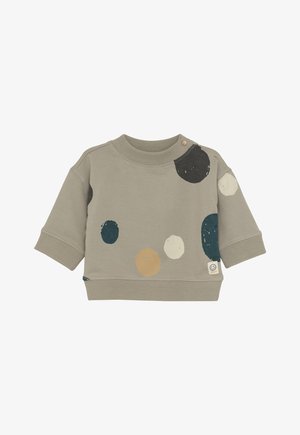 Beige peuter sweatshirt met ribbelkraag en boorden, versierd met grote, onregelmatige donkerblauwe, zwarte, witte en mosterdverf vlekken.