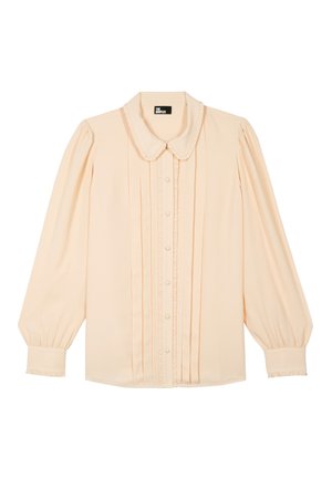 Beige Bluse mit langen Ärmeln, gerüschter Knopfleiste, aufgepufften Ärmeln und abgerundetem Kragen von der Marke The Kooples.
