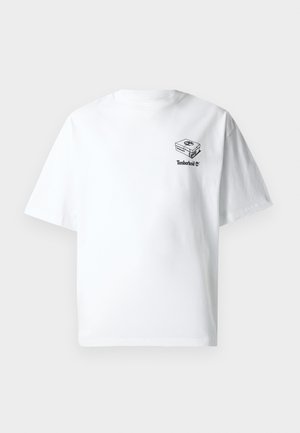 White cotton t-shirt with a crew neck, short sleeves, and a black graphic of a shoe box and "Timberland" logo on the left chest.
