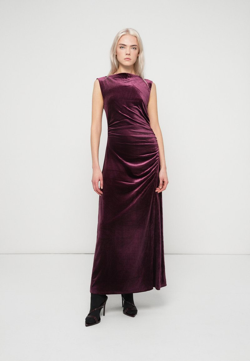 strapless open back dress Shiny V Neck Backless Fluffy Purple Long Prom Dress, Backless Purple F –  abcprom