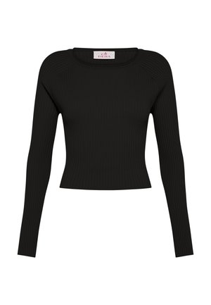 Schwarzes, geripptes, langärmliges, eng anliegendes Oberteil mit rundem Ausschnitt und kurzem Saum, im Kragen mit "DEHA" beschriftet.