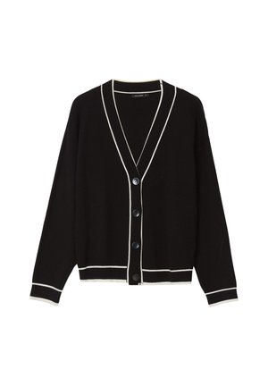 Schwarze Button-Up-Strickjacke mit weißem Saum an Kragen, Manschetten, Saum und Knopfleiste, flach auf weißem Hintergrund präsentiert.