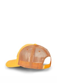Casquette avec une devanture jaune et un dos en maille marron. Elle présente une visière incurvée et une sangle ajustable. La texture est lisse sur le devant et en maille à l'arrière.