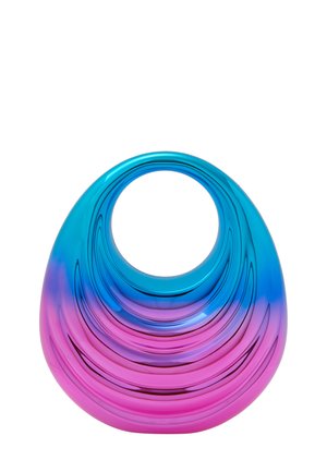 Translucente vaas met een ovale vorm, voorzien van wervelende patronen in geleidelijke tinten van blauw en roze. Soepele textuur met een ronde opening.