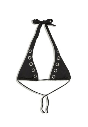 Haut de bikini dos nu noir avec détails d'œillets argentés le long des bords et fermetures à nouer au cou et au dos.