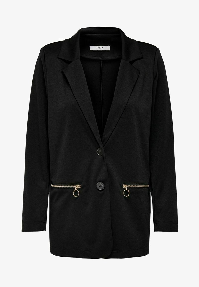 Blazer noir féminin avec col à revers cranté, deux boutons avant et poches zippées avec tirettes anneaux dorés.