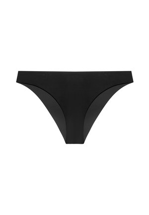 Sous-vêtements féminins noirs sans couture, coupe bikini, présentés à plat sur fond blanc.