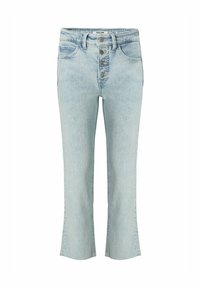 Jeans de mezclilla de manera acampanada en azul claro que cuentan con una cintura alta, un cierre de cinco botones y dos bolsillos frontales con un ligero desgaste en la tela.