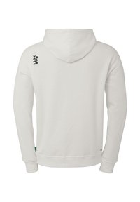 Hoodie blanc en tissu doux, doté d'une poche kangourou, de manches et d'un ourlet côtelés. Logo noir imprimé sur l'épaule gauche.
