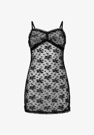 Schwarzes Spitzen-Nachtkleid mit floralem Muster, durchscheinendem Stoff, gerüschten Kanten, verstellbaren Trägern und figurbetontem Schnitt.