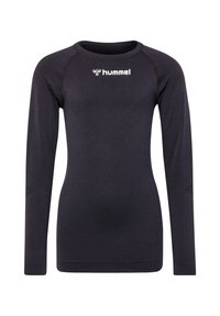 Zwart atletisch shirt met lange mouwen, een ronde hals, een gestructureerde stof en het "hummel"-logo duidelijk zichtbaar aan de voorkant.
