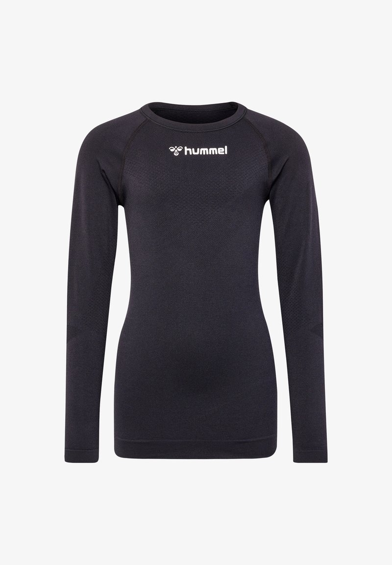 Zwart atletisch shirt met lange mouwen, een ronde hals, een gestructureerde stof en het "hummel"-logo duidelijk zichtbaar aan de voorkant.