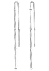 Cercei din lanț argintiu cu picături, prezintă mărgele mici și accente elegante sub formă de tijă, având un design delicat și alungit.