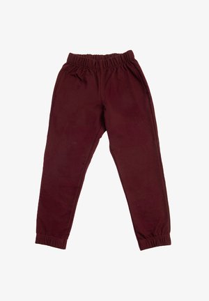 Bordowe spodnie stretch z elastycznym paskiem w talii, zwężanymi nogawkami i marszczeniami na mankietach. Wykonane z miękkiego, gładkiego materiału bez widocznych wzorów.