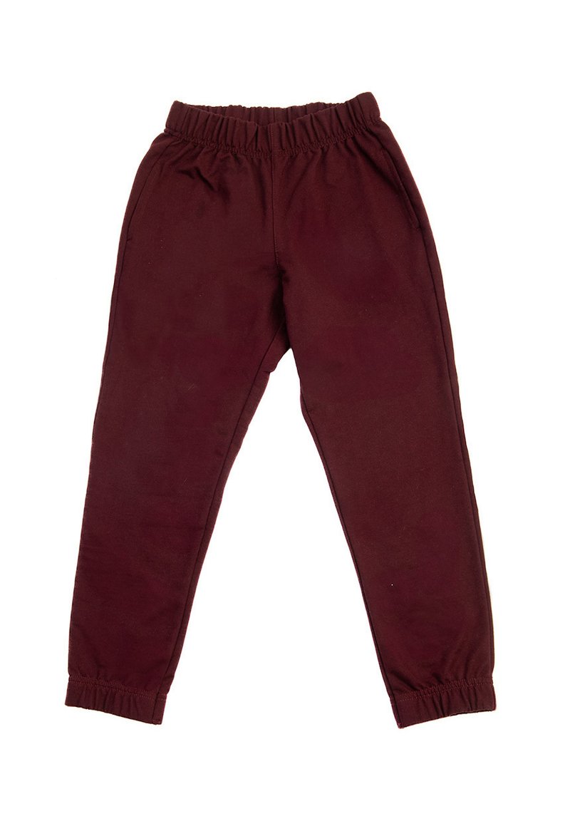 Bordowe spodnie stretch z elastycznym paskiem w talii, zwężanymi nogawkami i marszczeniami na mankietach. Wykonane z miękkiego, gładkiego materiału bez widocznych wzorów.