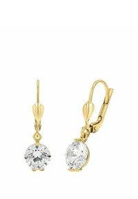 Pendientes de oro con piedras preciosas redondas y transparentes, que cuentan con cierres de palanca y suaves acentos de oro en forma de gota.