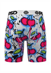 Men's boxer briefs in a gray base with a vibrant cherry pattern in pink and blue. Features a white elastic waistband with logos.