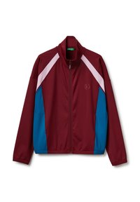 Chaqueta atlética marrón con paneles blancos y azules. Presenta un cuello alto, cremallera frontal completa y un pequeño logo en el pecho. Textura suave.