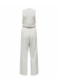 Salopette bianca con strisce verticali nere, design senza maniche, vita elasticizzata e pantaloni a gamba larga. Tessuto dalla consistenza liscia.