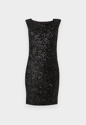 Must mustrec kleit, millel on taljejoon ja ruudukujuline kaelus. Pind on kaetud arvukate läikivate sädelustega, andes tekstuuriga välimuse.