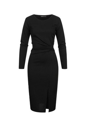Schwarzes geripptes Kleid mit langen Ärmeln, figurbetonter Silhouette, verdrehtem Taillendetail und einem hohen Schlitz an der Seite. Glatte Textur und dehnbarem Stoff.