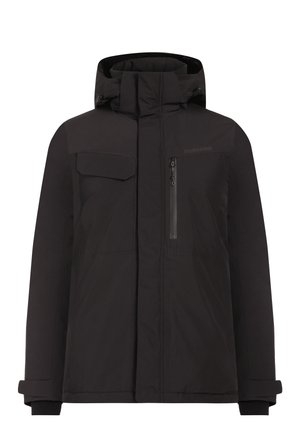 Mustern must oma, kõrge krae, reguleeritav kapuuts, kaks eesmist taskut ja lukuga rinna-tasku. Omab sujuvat, matte tekstuuri.