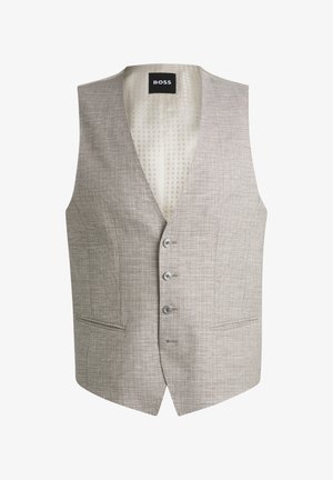 Jasnoszara kamizelka o teksturowanej tkaninie, z dekoltem w kształcie litery V, pięcioma guzikami i dwiema przednimi kieszeniami; podszewka w kremowym wzorze z napisem "BOSS."