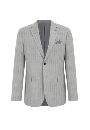 Light gray pinstripe blazer featuring a single button closure, two front pockets, and a blue patterned pocket square.
