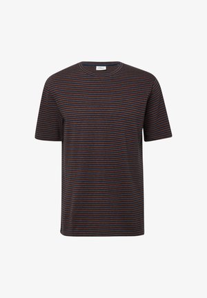 Gestreepte crew-neck T-shirt gemaakt van zachte katoen, met horizontale strepen in donkerblauw en bruintinten, standaard korte mouwen.