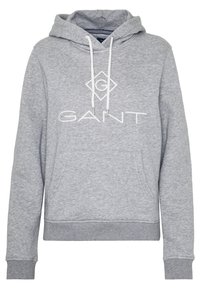 Sudadera con capucha de mezcla de algodón gris, con un bolsillo canguro frontal, capucha ajustable con cordón y el logo blanco "GANT". Puños y dobladillo acanalados.