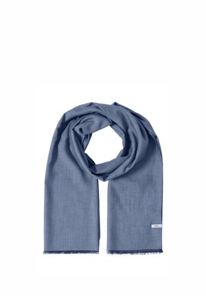 Sciarpa rettangolare di colore azzurro tenue con bordi leggermente frangiati, piegata morbidamente a forma di anello con una piccola etichetta bianca del marchio su un'estremità.