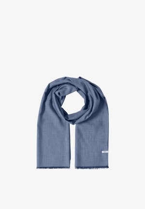 Soft blue rectangular scarf with subtle fringed edges, loosely folded in a loop with a small white brand label on one end.