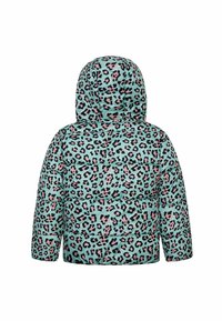Padded jacket in mint green with black and pink leopard print. Features a hood and quilted design for added texture and insulation.