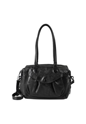 Schwarze Lederhandtasche mit zwei stabilen Griffen, einem Reißverschluss oben und einer Frontklappe mit Knopfverschluss. Texturierte Oberfläche und verstellbarer Schulterriemen.