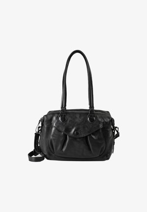 Borsa a tracolla in pelle nera con due manici robusti, chiusura zip sulla parte superiore e una tasca frontale con patta dotata di chiusura a bottone. Finitura testurizzata e tracolla regolabile.