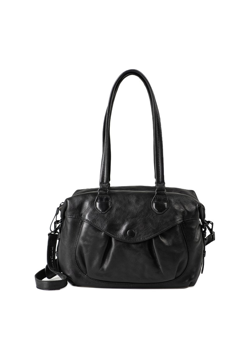 Zwarte leren handtas met twee stevige handvaten, een rits bovenkant en een voorste flapzak met een knoopsluiting. Geconstrueerde afwerking en verstelbare schouderriem.
