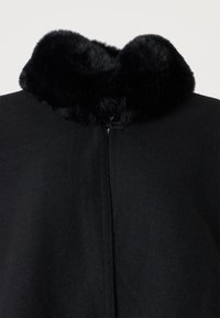 Juodas paltas su minkštu, puriu kailio apykakle, užsegta prie kaklo, vaizduojamas iš priekio prieš paprastą foną.