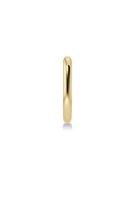 Guldörhänge med en jämn, polerad yta. Enkel cylindrisk form som reflekterar ljuset subtilt och visar upp minimalistiska designfunktioner.