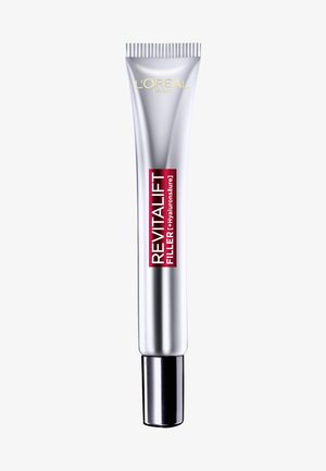 Tube L'Oréal Revitalift Filler en métal argenté avec un embout fin, comportant une étiquette rouge vif avec du texte blanc, indiquant l'acide hyaluronique.