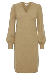 Rochie tricotată khaki cu decolteu în V, mâneci lungi tip puff și manșete cu textură ribbată. Prezintă o croială lejeră și un material neted, texturat.
