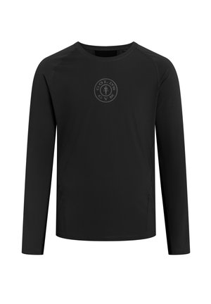 Schwarzes, langärmliges Sportshirt mit dem kreisförmigen Gold's Gym-Logo in Dunkelgrau, zentral auf der Brust, vor weißem Hintergrund dargestellt.