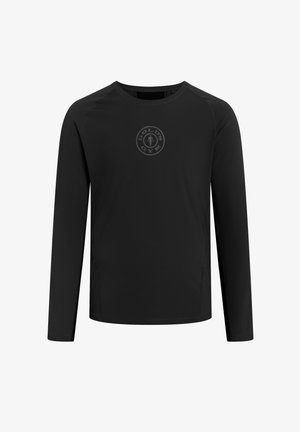 Czarna sportowa koszulka z długim rękawem z okrągłym logo Gold's Gym w ciemnoszarym kolorze, umieszczonym na środku klatki piersiowej, na białym tle.