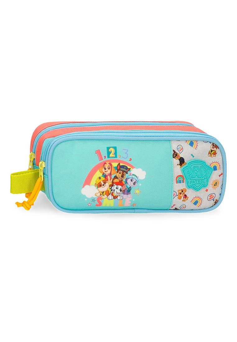 Trousse à crayons double zip pour enfants avec des personnages de Paw Patrol, des arcs-en-ciel, le texte "1, 2, 3 Sourire" et une poignée latérale jaune.